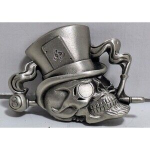 VTG 1995 GREAT AMERICAN BUCKLE CO SLASH TOP HAT SKULL BIKER PEWTER BELT BUCKLE